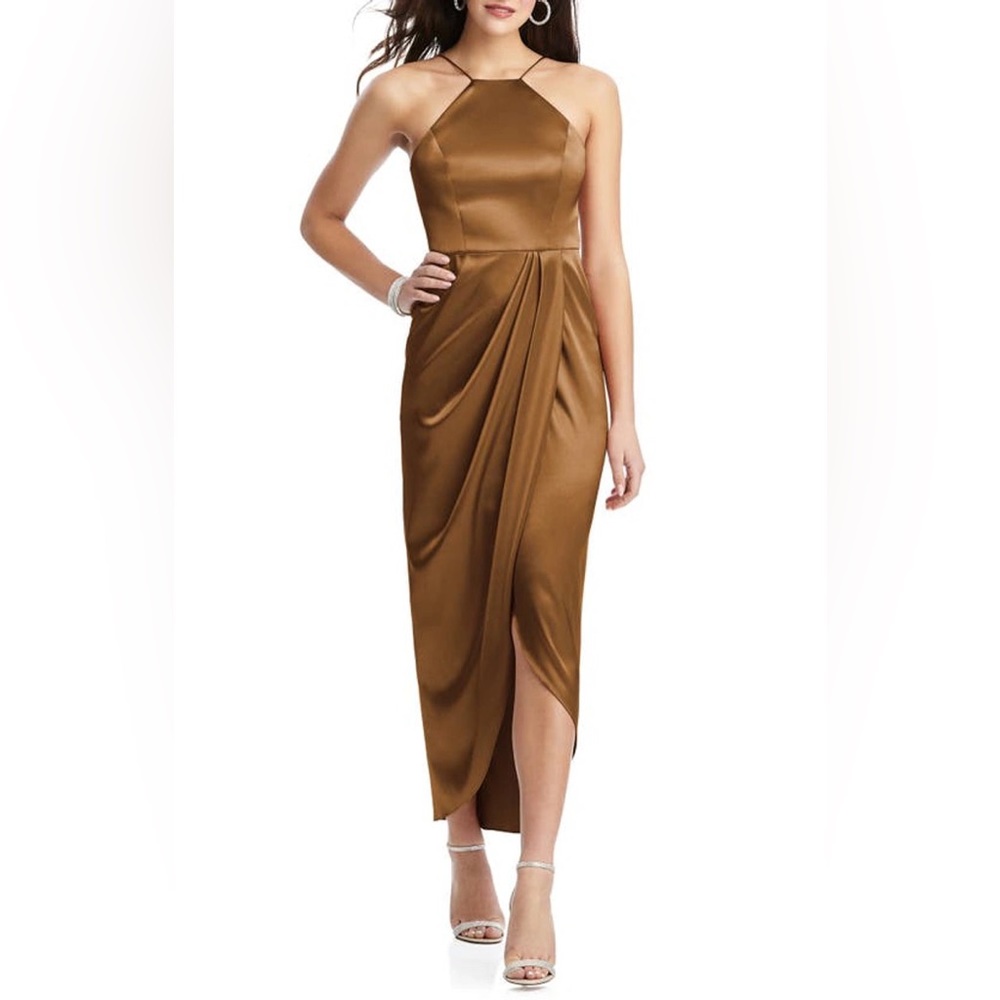 Nordstrom NWT Halter midi dress with draped tulip skirt size 14R Toffee color